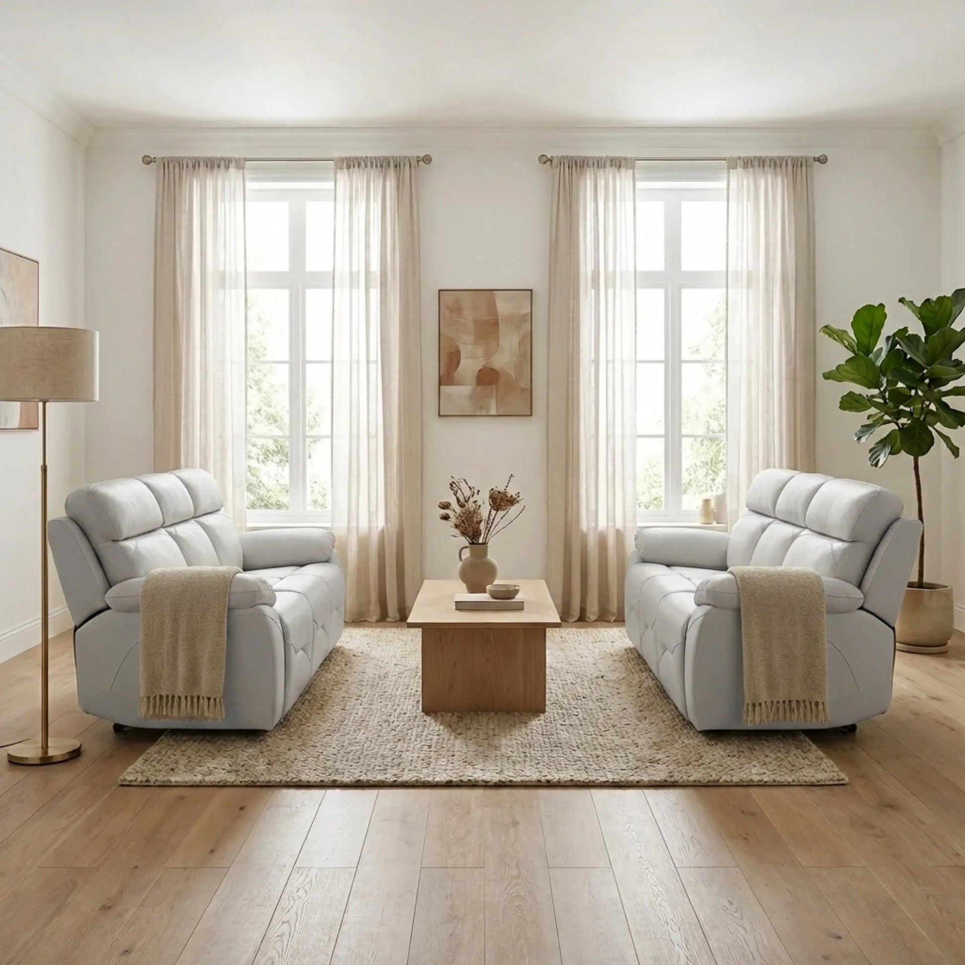 Renato Genuine Leather Light Grey Electric Power Recliner 3+3 Seater Sofa Set - Furniture Instore