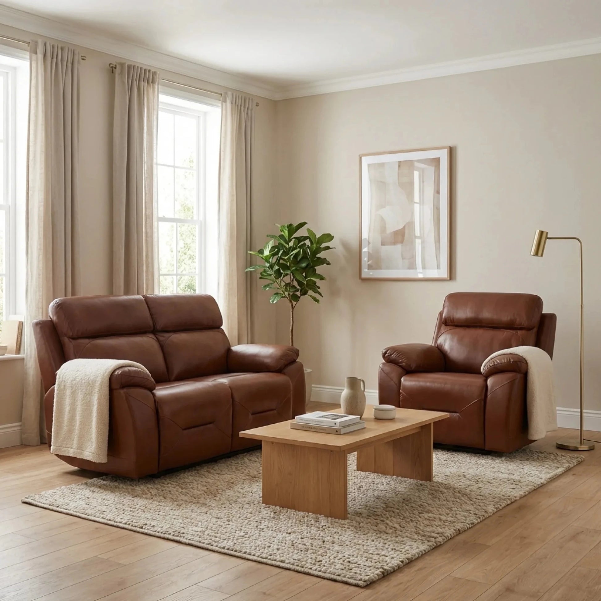 Renato Genuine Leather Tan Electric Power Recliner 2+1 Seater Sofa Set - Furniture Instore