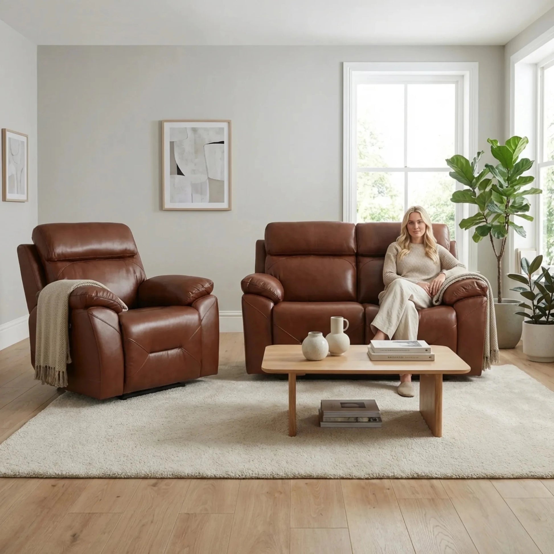Renato Genuine Leather Tan Electric Power Recliner 2+1 Seater Sofa Set - Furniture Instore