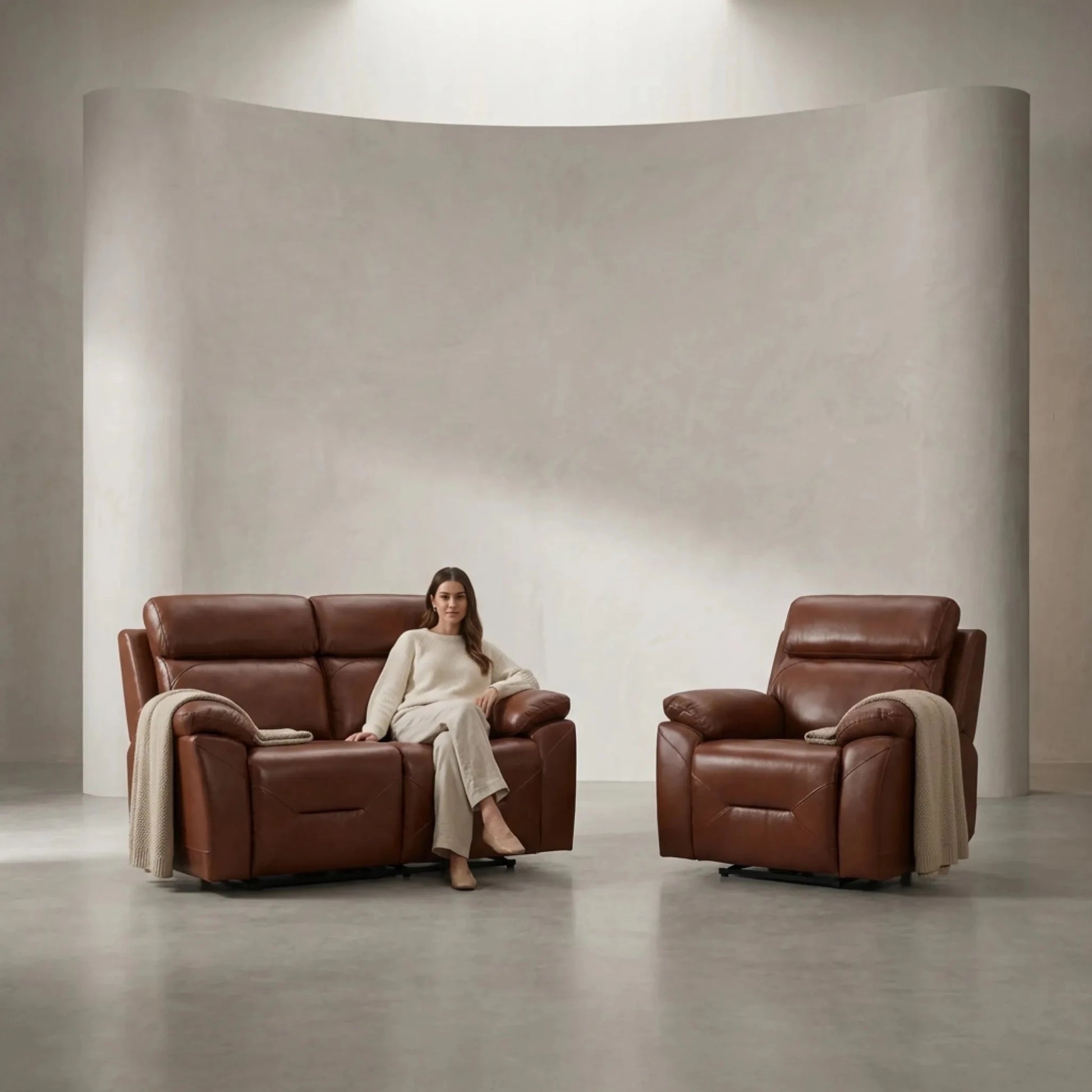 Renato Genuine Leather Tan Electric Power Recliner 2+1 Seater Sofa Set - Furniture Instore