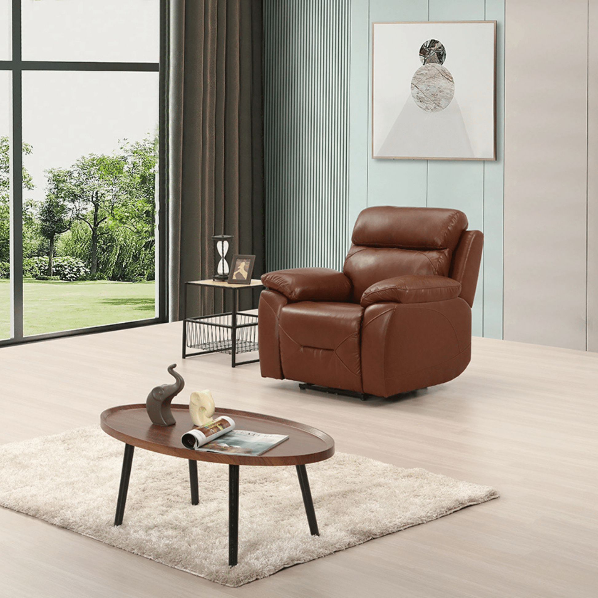 Renato Tan armchair angled view in a modern roomset, white upholstery, stylish and comfortable living room furniture