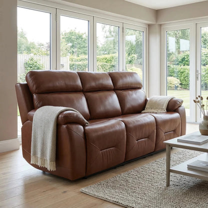 Renato Genuine Leather Tan Electric Power Recliner 3 Seater - Furniture Instore