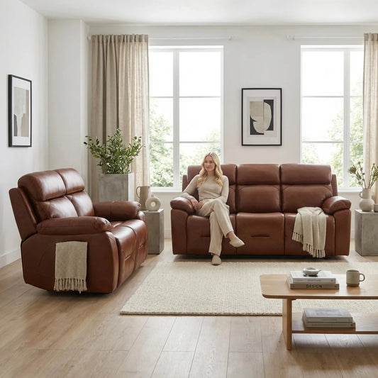 Renato Genuine Leather Tan Electric Power Recliner 3+2 Seater Sofa Set - Furniture Instore