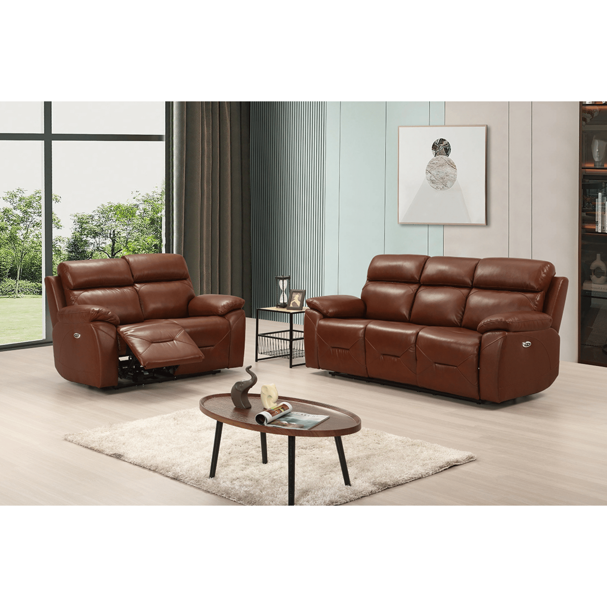 Renato Tan 3+2 sofa combo in a modern roomset, white upholstery, stylish and comfortable living room furniture set
