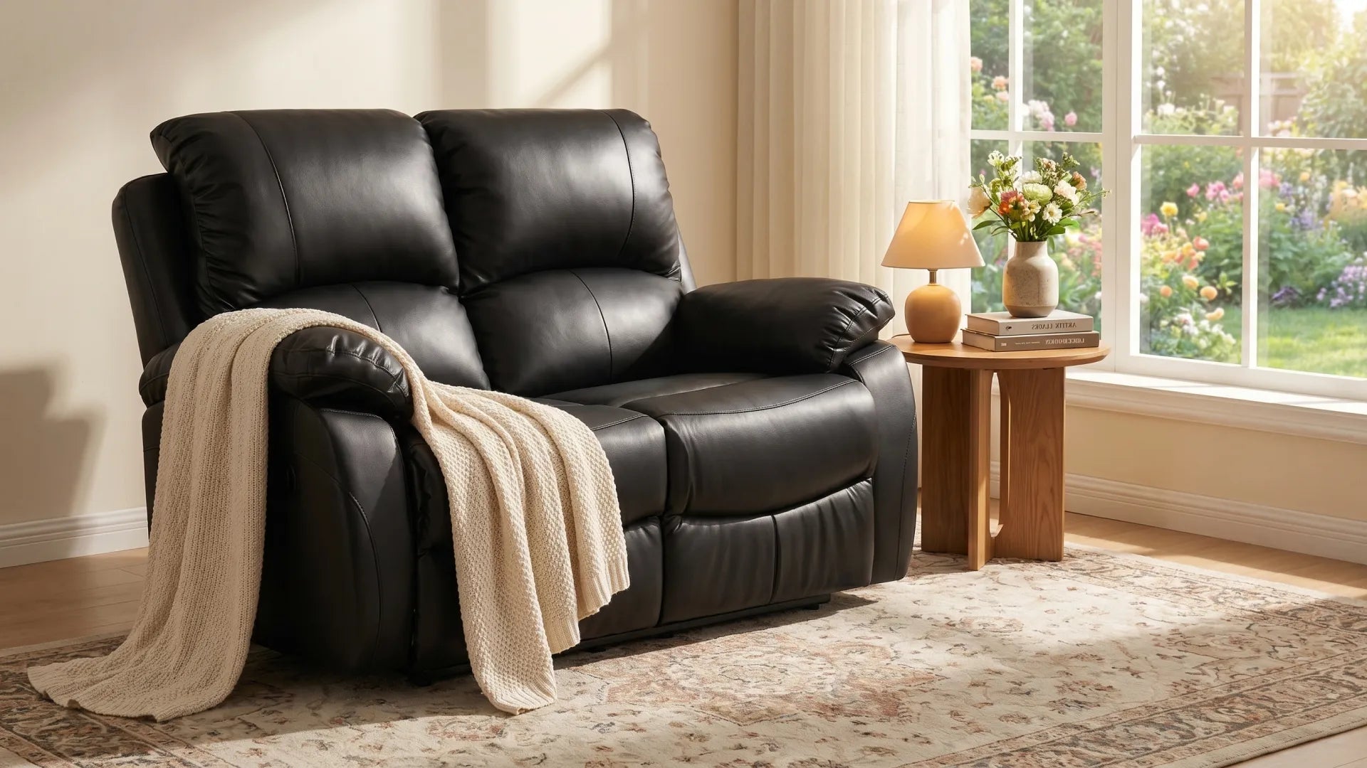 Roma Modern Black Leather Manual Recliner 2 Seater Sofa