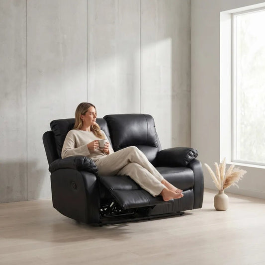 Roma Black Leather Manual Recliner 2 Seater Sofa - Furniture Instore