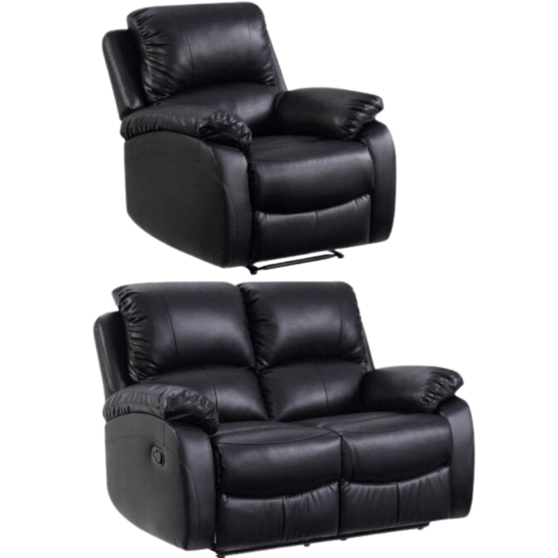 Black leather recliner chair and loveseat set on a white background