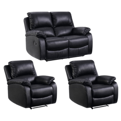 Set of black leather recliner chairs on a white background