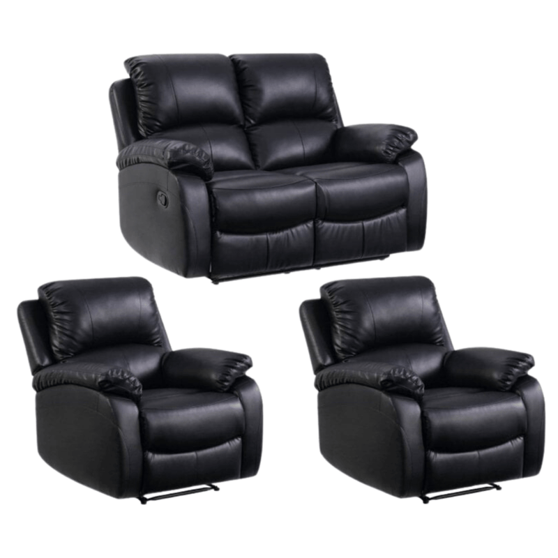Set of black leather recliner chairs on a white background