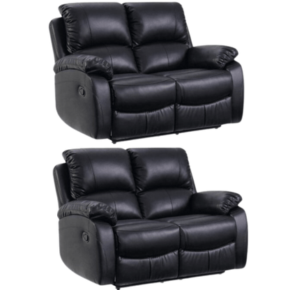 Two black leather recliner sofas on a white background