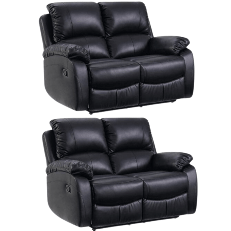 Two black leather recliner sofas on a white background