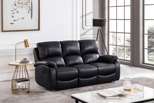Roma Black Leather Manual Recliner 3 Seater Sofa - Furniture Instore