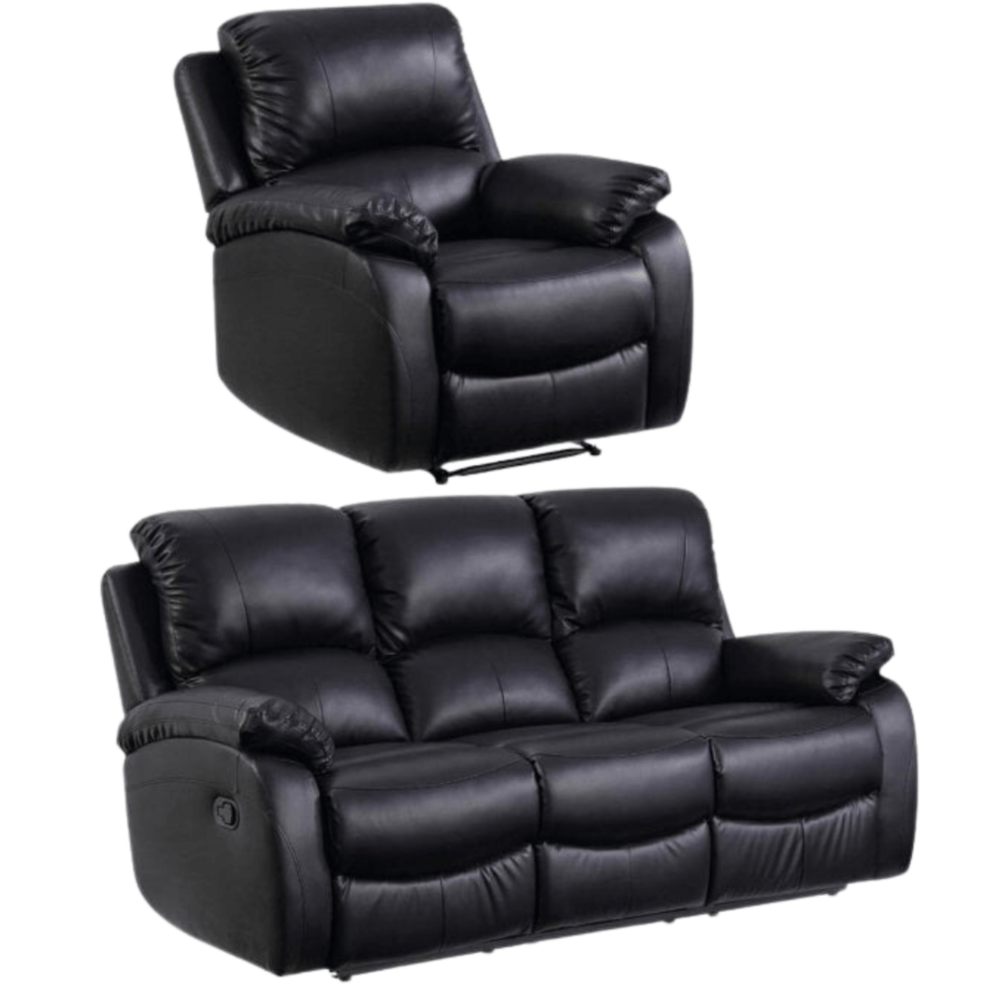 Black leather recliner chair and sofa set on a white background