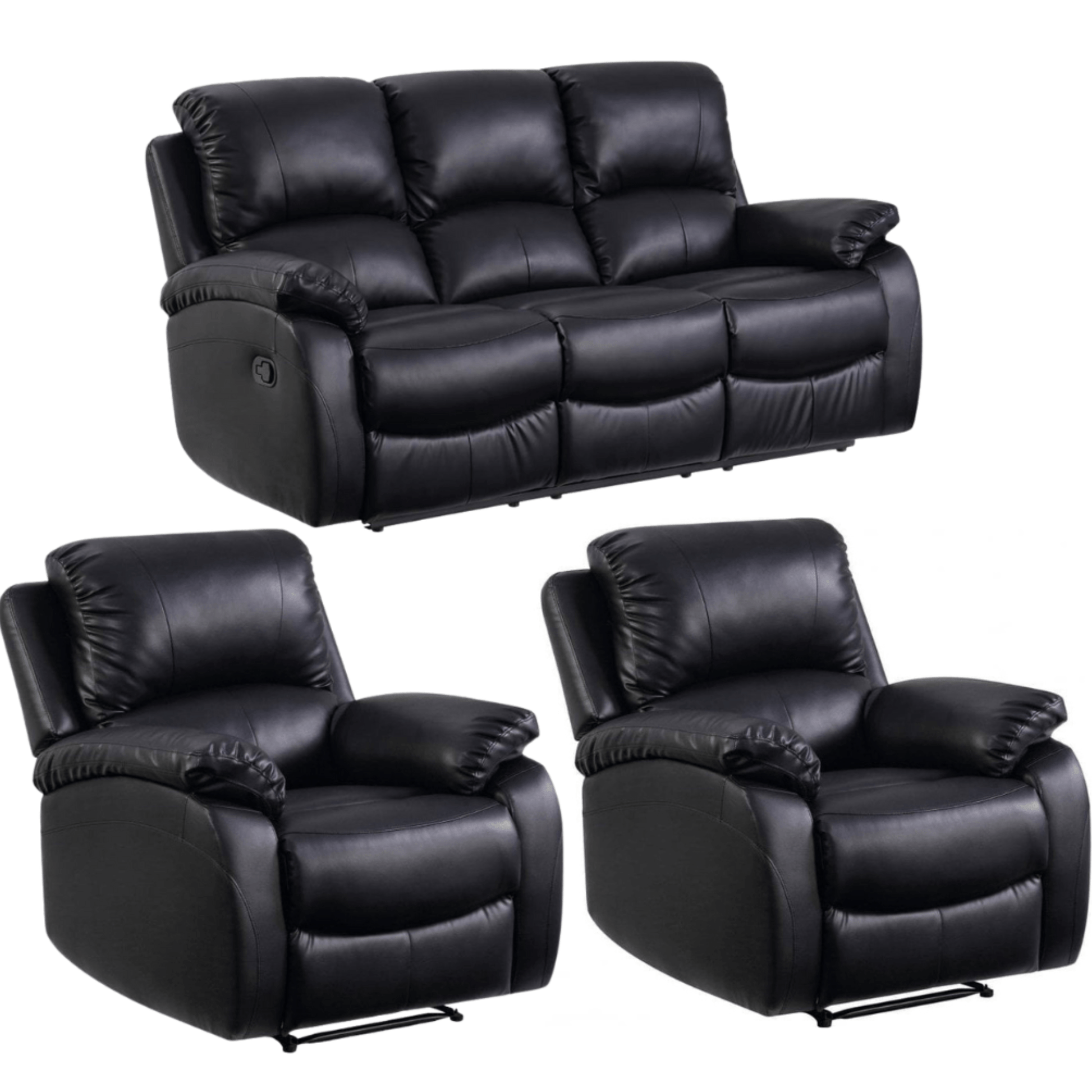 Black leather recliner sofa set on a white background