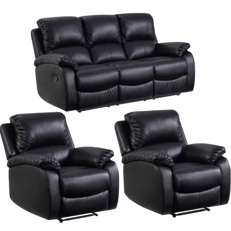 Black leather recliner sofa set on a white background
