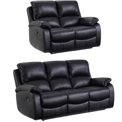 Two black leather recliner sofas on a white background