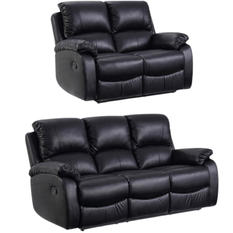 Two black leather recliner sofas on a white background