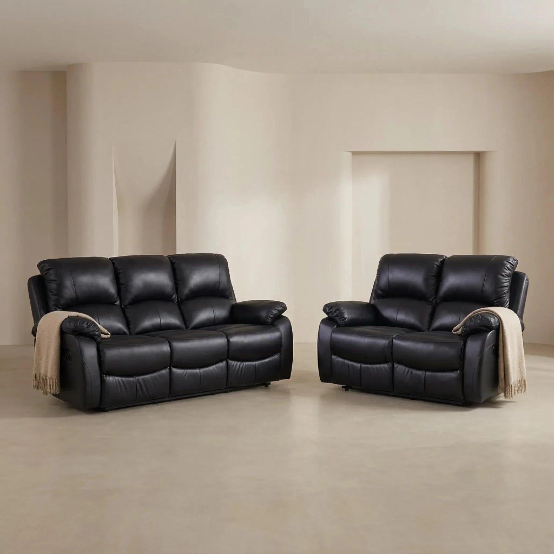 Roma black leather manual recliner sofa set front view - Furniture Instore