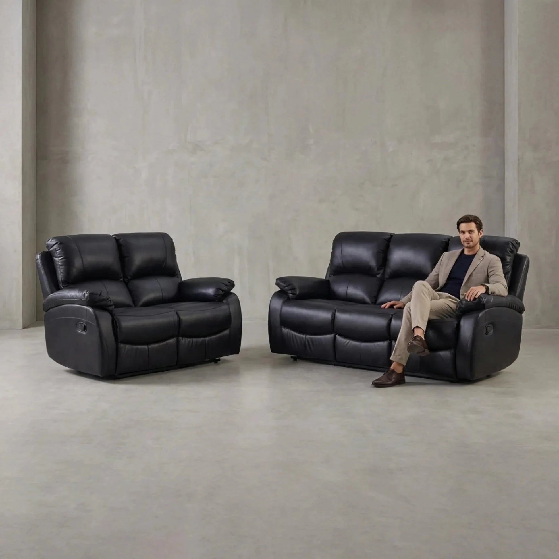 Roma black leather 3+2 seater recliner sofa set angled view - Furniture Instore