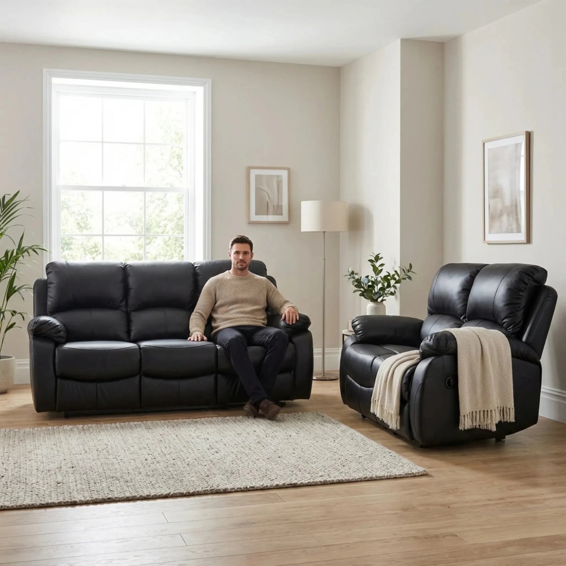 Roma black leather manual recliner 3+2 seater sofa set - Furniture Instore