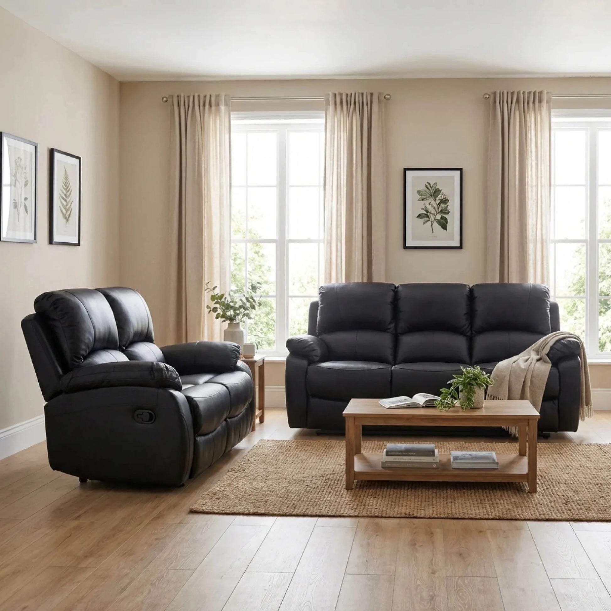 Roma black leather recliner 3-2 sofa set with manual reclining seats - Furniture Instore