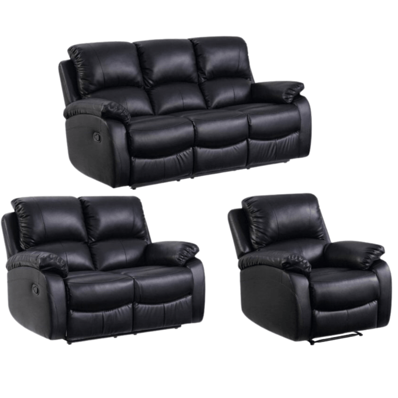 Black leather reclining sofa set on a white background