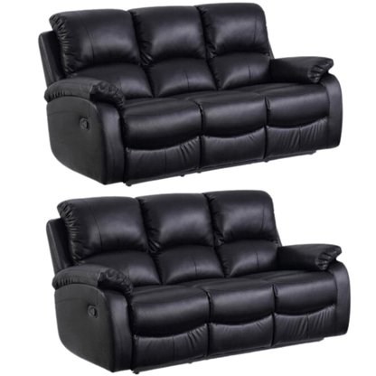 Two black leather recliner sofas on a white background