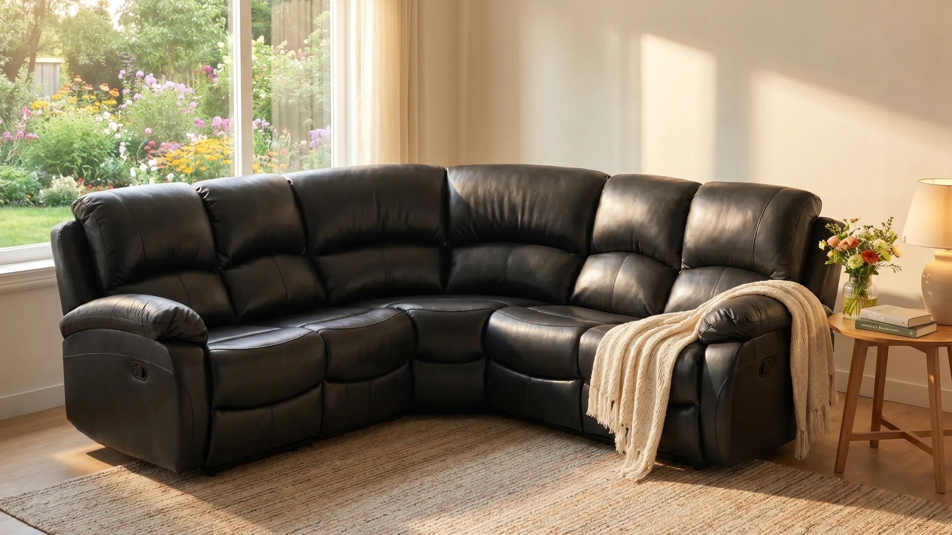 Roma Black Leather Manual Recliner 5 Seat Corner Sofa - Furniture Instore