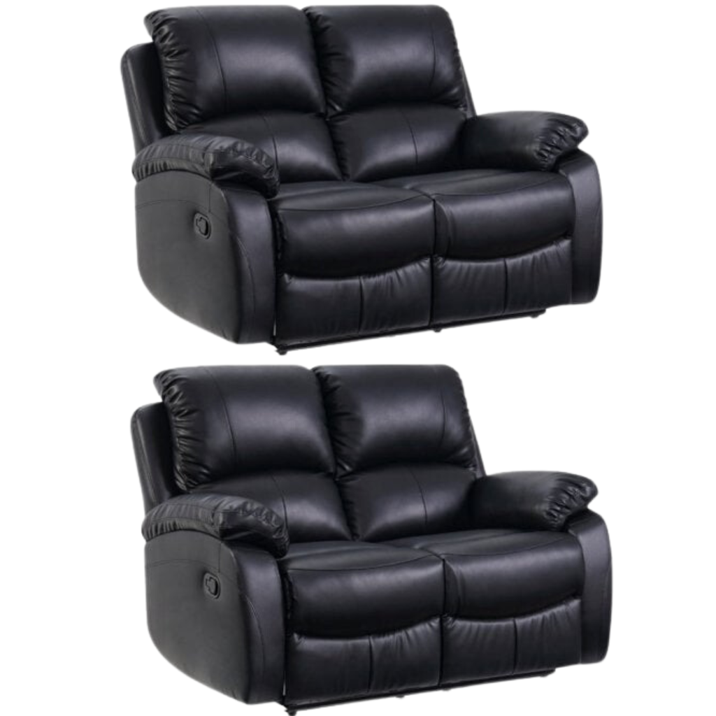 Black leather recliner sofa set – 2+2 configuration with two, two seater reclining sofas on white background, modern leather recliner 2+2 living room furniture