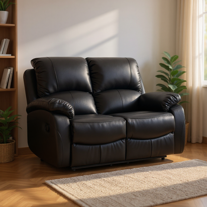 Black leather recliner 2 seater sofa in modern living room – contemporary two seater reclining couch for stylish and comfortable home interiors