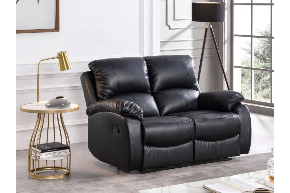 Black leather recliner 2 seater sofa in modern living room – contemporary two seater reclining couch for stylish and comfortable home interiors