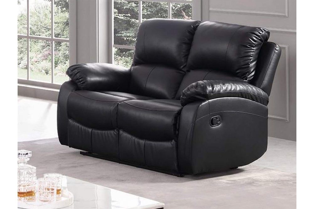 Side view of black leather recliner 2 seater sofa in modern living room – contemporary two seater reclining couch for stylish and comfortable home interiors