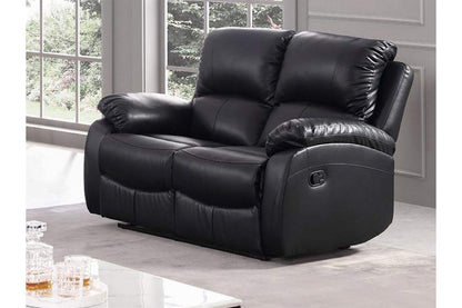 Side view of black leather recliner 2 seater sofa in modern living room – contemporary two seater reclining couch for stylish and comfortable home interiors