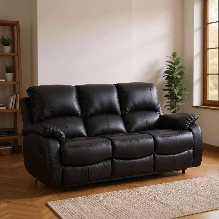 Roma Black Leather Manual Recliner 3+2+1 Seater Sofa Set - Furniture Instore