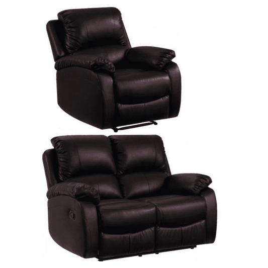 Brown leather recliner chair and loveseat set on a white background