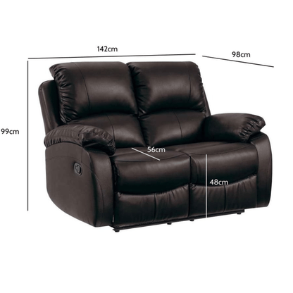 Brown leather recliner sofa with dimensions labeled on a white background