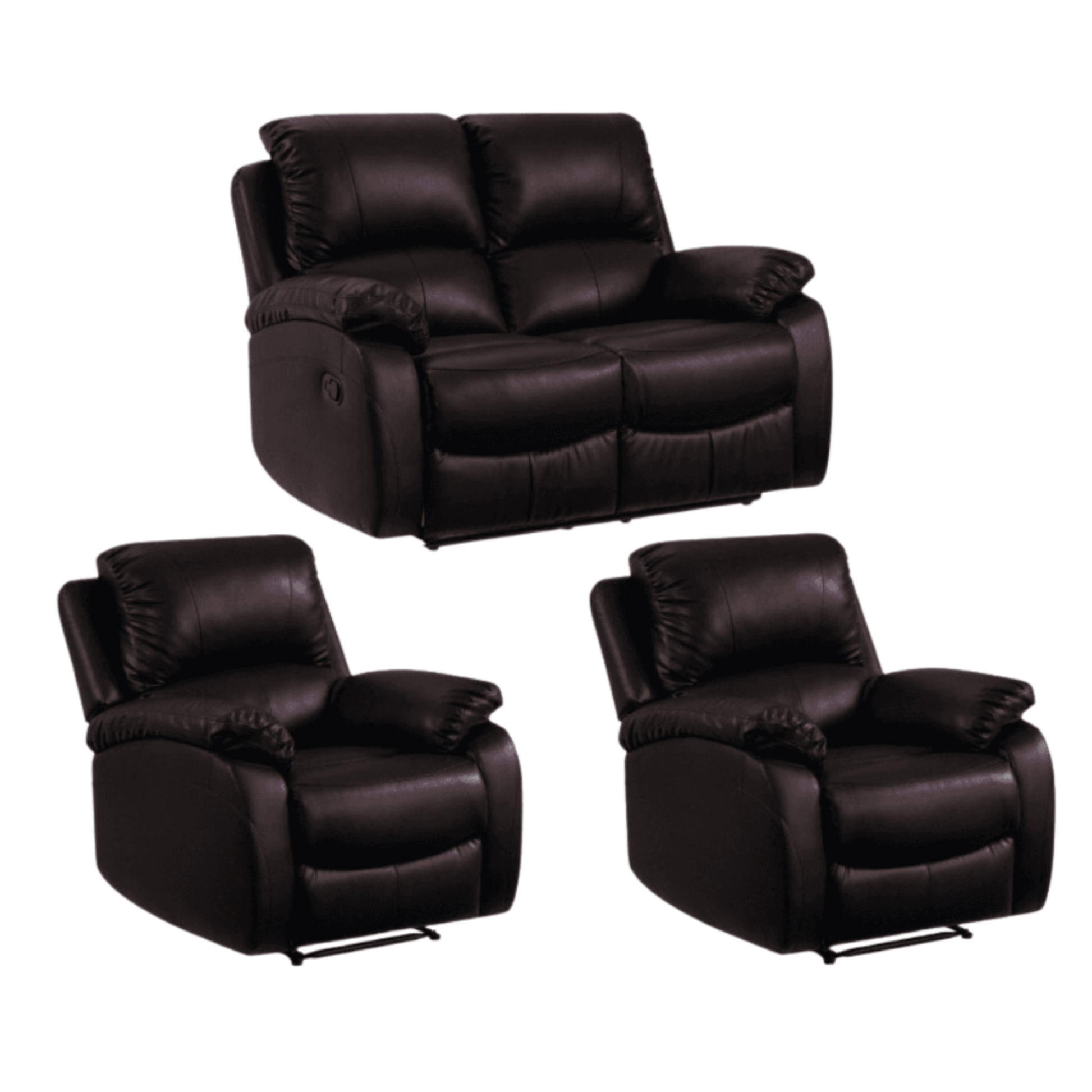 Set of three dark brown recliner chairs on a white background
