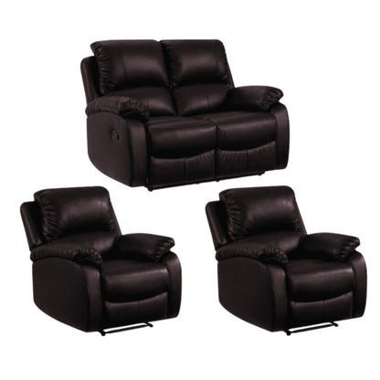 Set of three dark brown recliner chairs on a white background