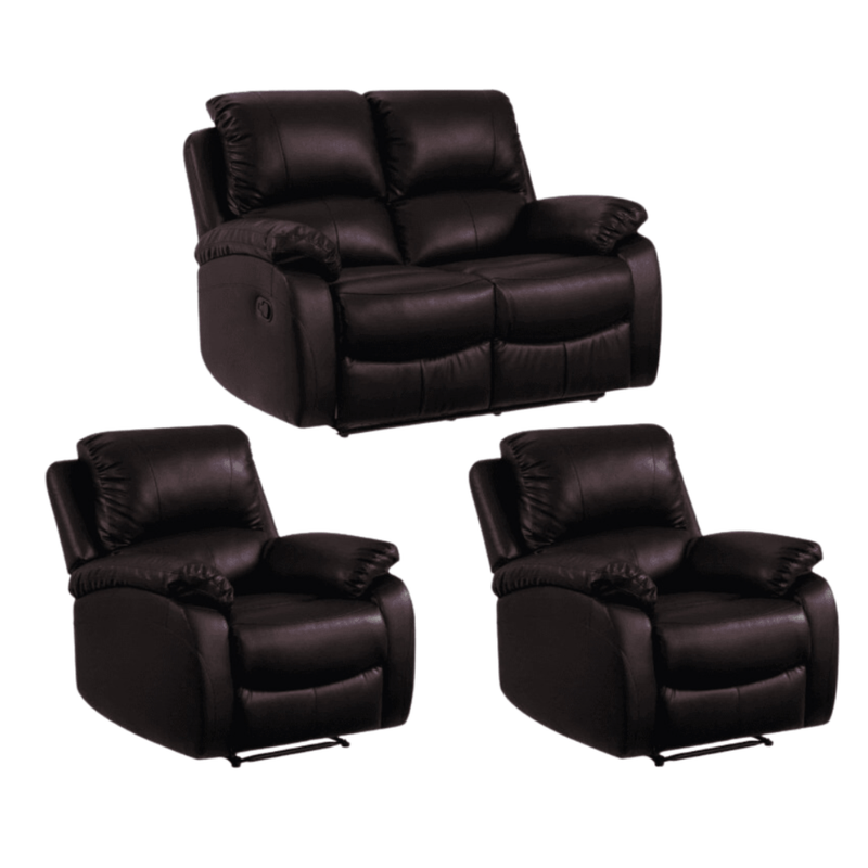 Set of three dark brown recliner chairs on a white background