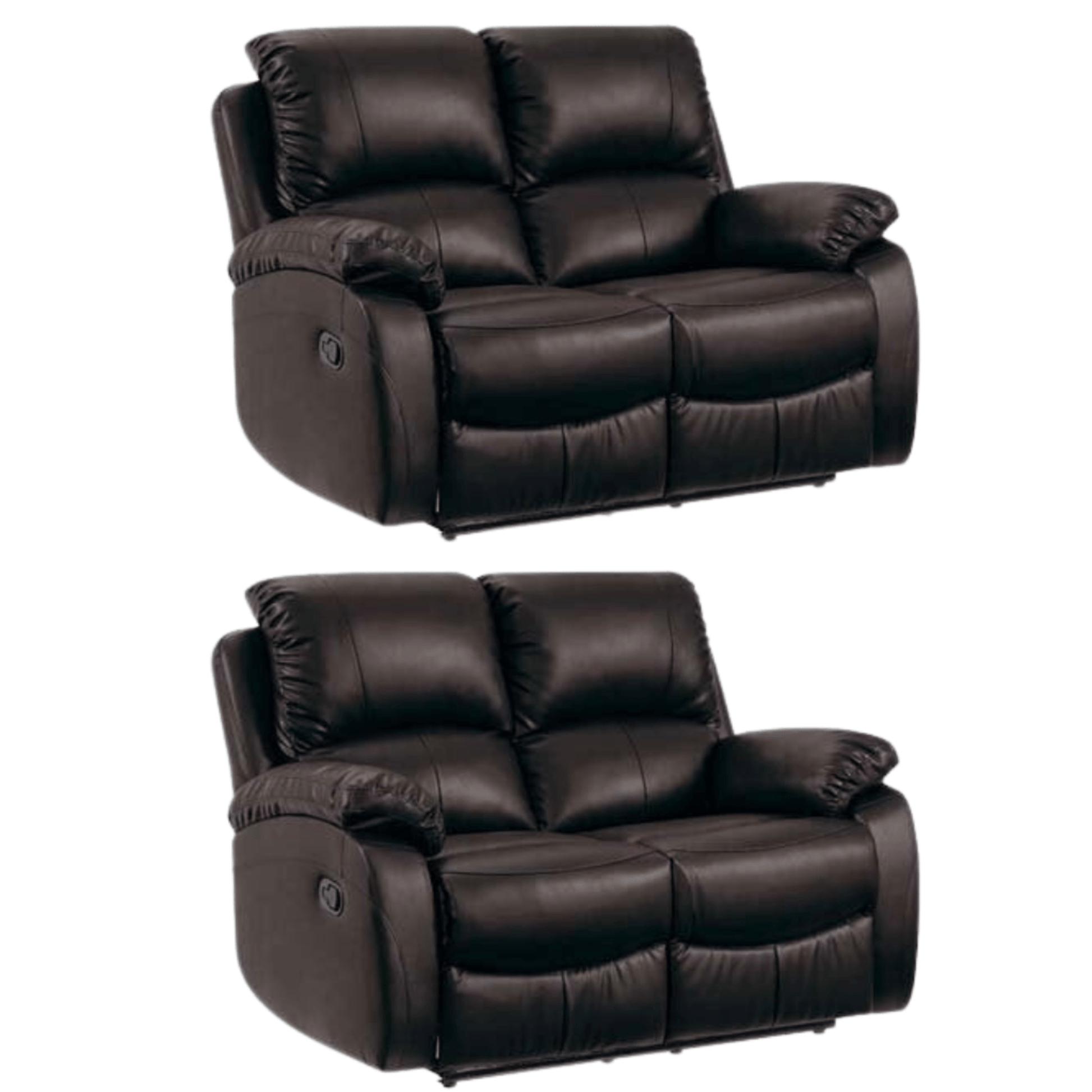 Two brown leather recliner sofas on a white background