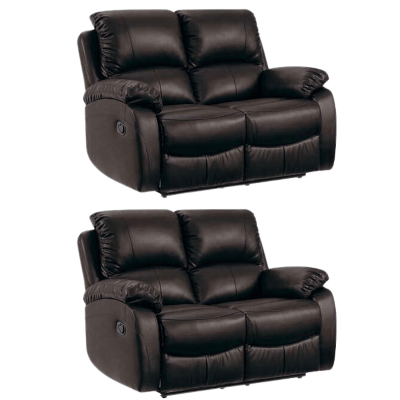 Two brown leather recliner sofas on a white background
