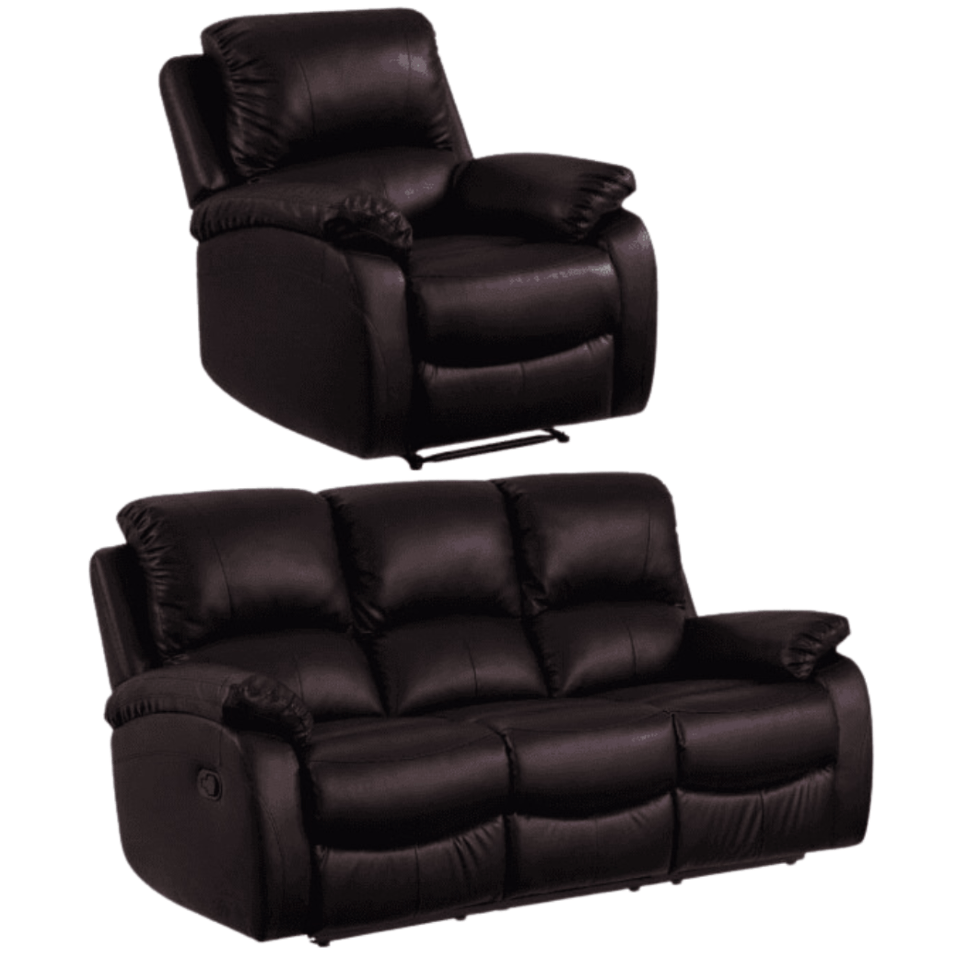 Black leather recliner chair and sofa set on a white background