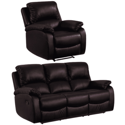 Black leather recliner chair and sofa set on a white background
