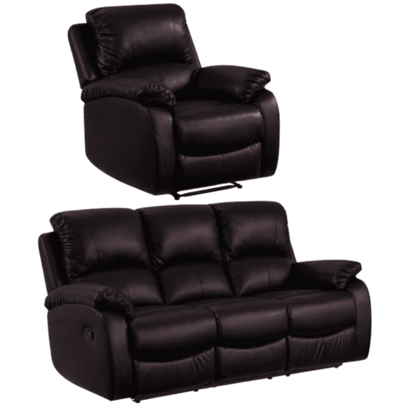 Black leather recliner chair and sofa set on a white background