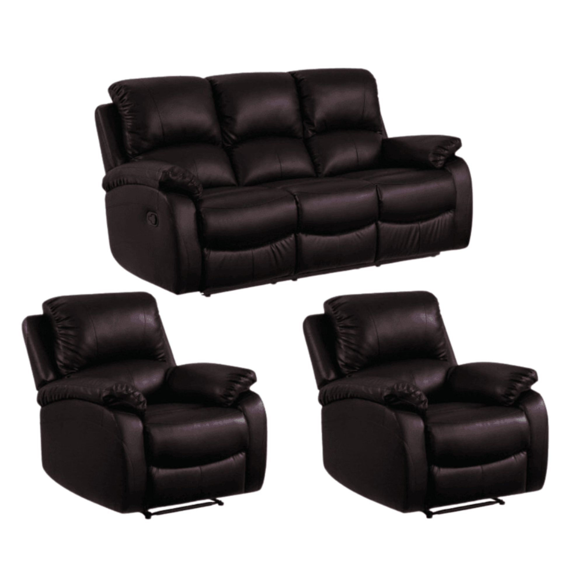 Brown leather sofa set with two recliner chairs on a white background