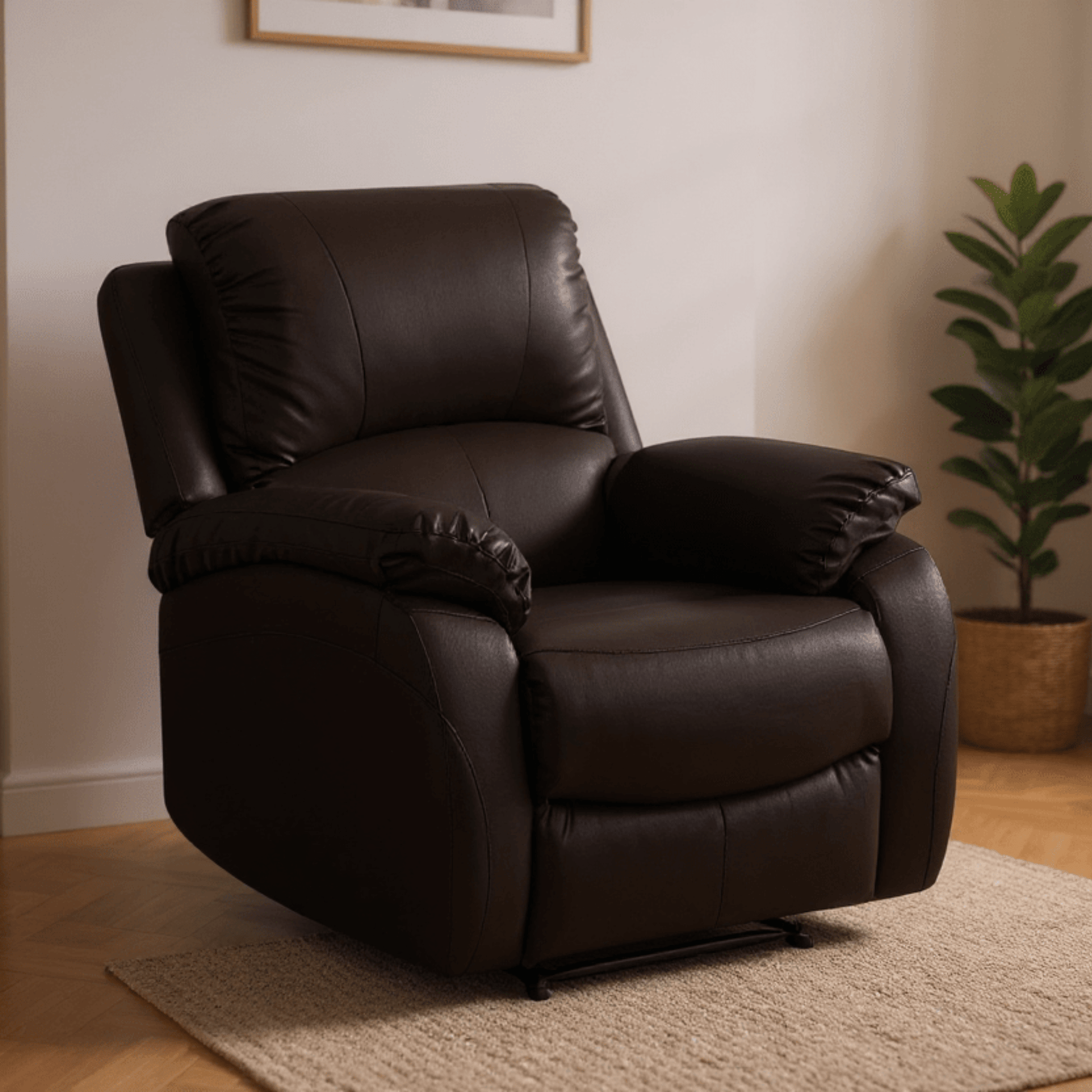 Brown leather recliner chair in a room with a plant and framed picture on the wall.