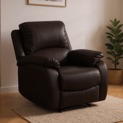 Brown leather recliner chair in a room with a plant and framed picture on the wall.