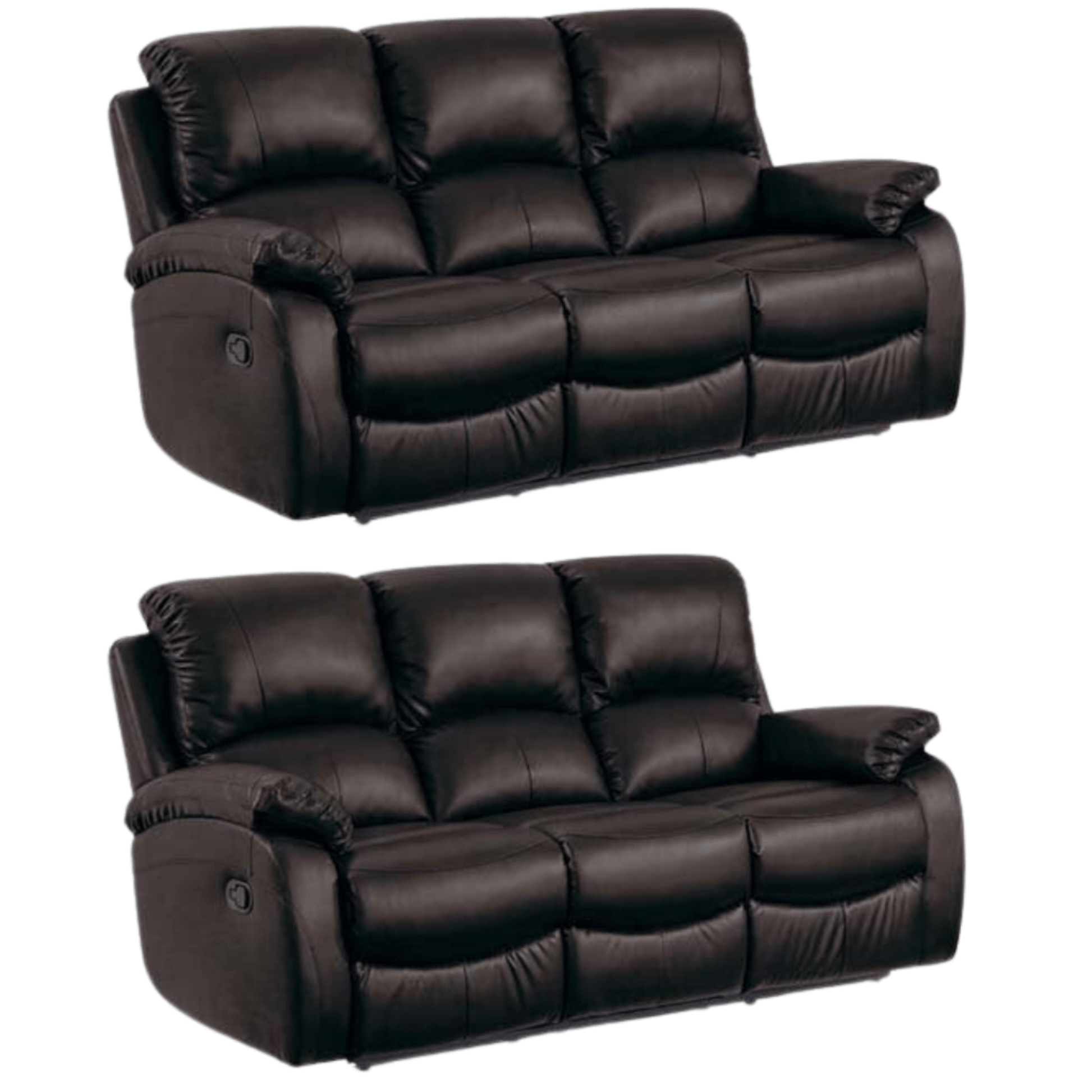Two black leather recliner sofas on a white background