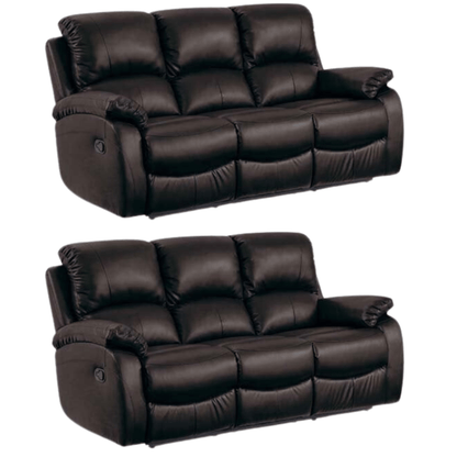 Two black leather recliner sofas on a white background