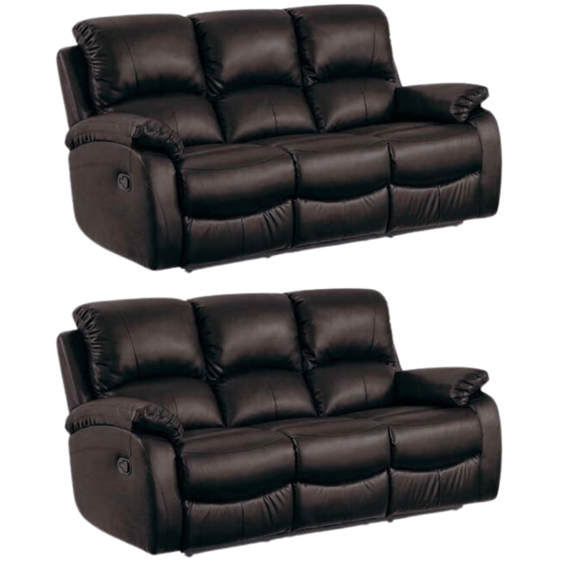 Two black leather recliner sofas on a white background